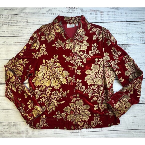 Erin London Velvet Brocade Jacket Womens XL Red Gold Floral Button Up - Picture 1 of 7